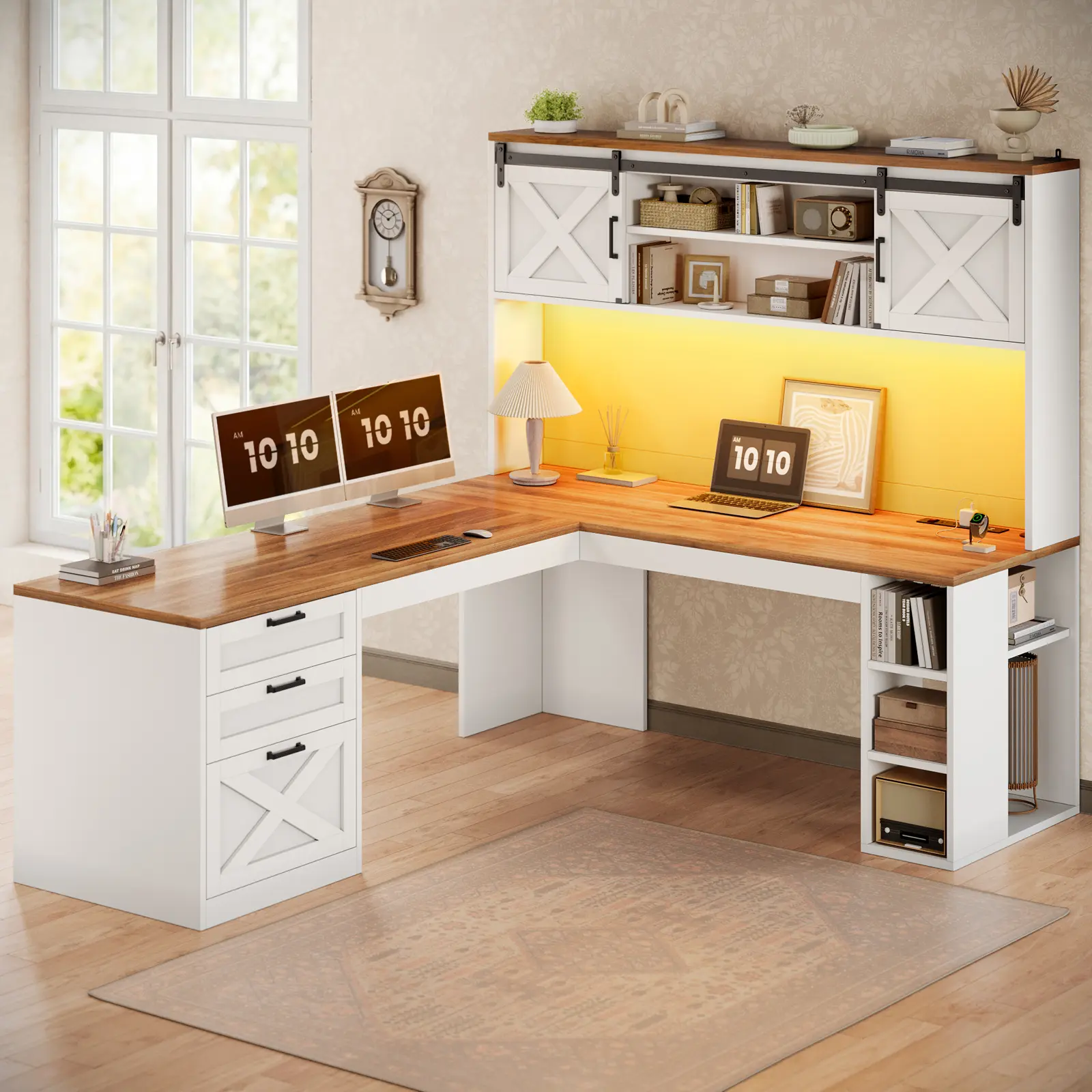Sedeta 67-Inch Farmhouse L-Shaped Executive Computer Working Desk - Engineered Wood Office Furniture Workstation with Integrated Bookshelf with Drawers, Sliding Doors, Power Outlets, USB Ports, LED Lights, Easy Setup for Apartments