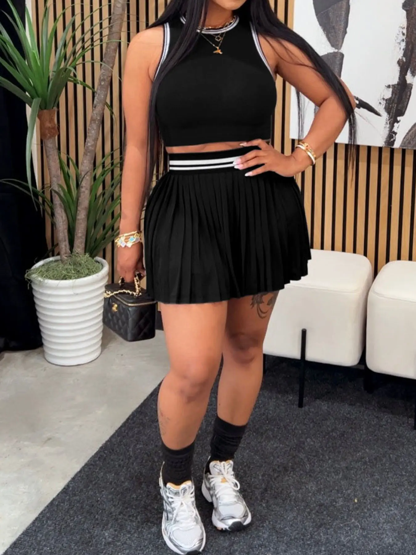 Women's Cute Basic Two-Piece Set, Fashionable Casual Crop Top & Skirt, Sleeveless Short Vest, All-Season Tight-Fit Design, Womenswear, Clothes