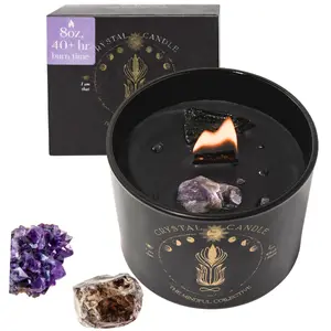 Black Crystal Candle - 8oz Wood Wick Candle that Crackles with Natural Soy Wax. Luxurious Slow Burn, for Meditation. Includes Amethyst & Smokey Quartz Crystals