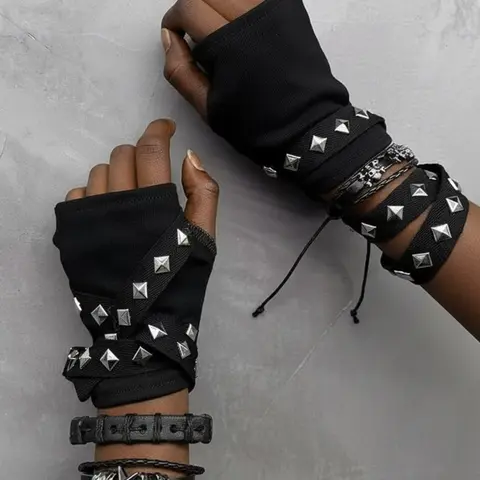 5pcs/set Punk Style PU Leather Half-Finger Gloves, Dance Performance Accessories, Unique Design Hand Bracelet Set, Punk Aesthetic, Complete Set Season