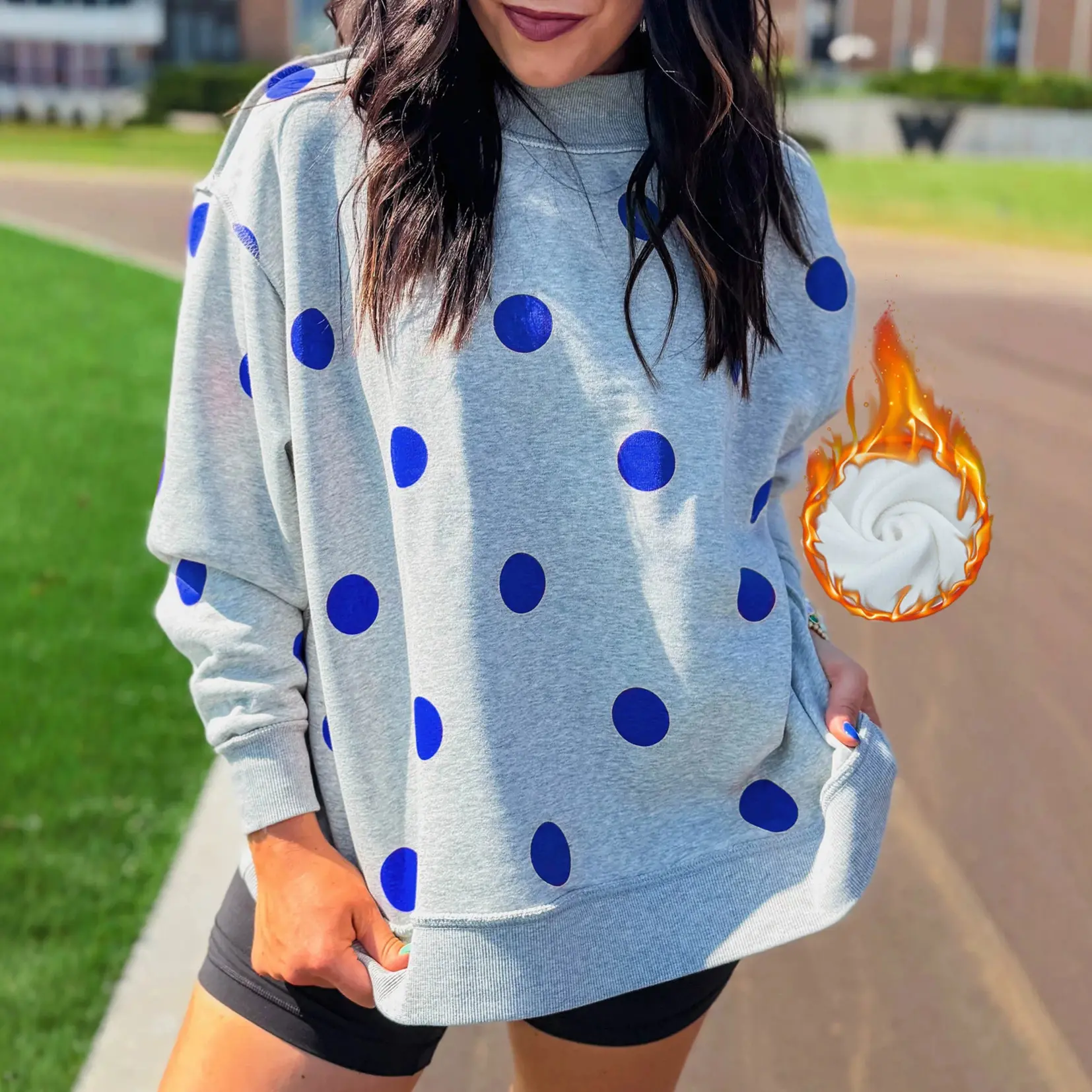 Women's Mock Neck Fleece Lined Sweatshirt, Casual Loose Fit Polka Dot Print Long Sleeve Warm Pullover Top for Fall Winter
