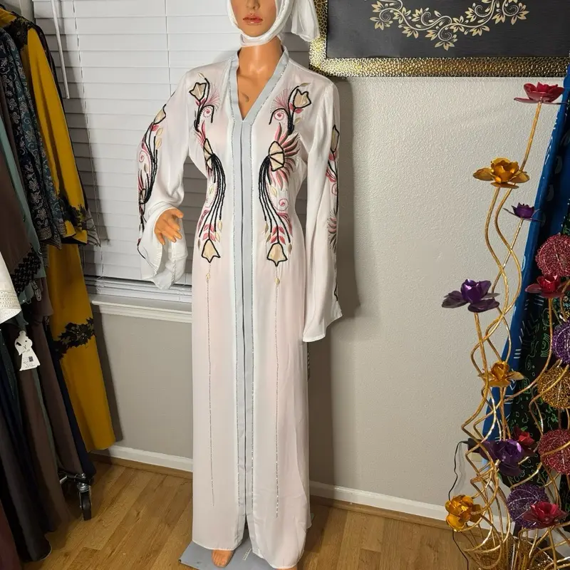 Women's Luxurious White Abaya - Long Sleeves, Floral Embroidery, Elegant Versatile Modest Islamic Clothing for Weddings, Wedding