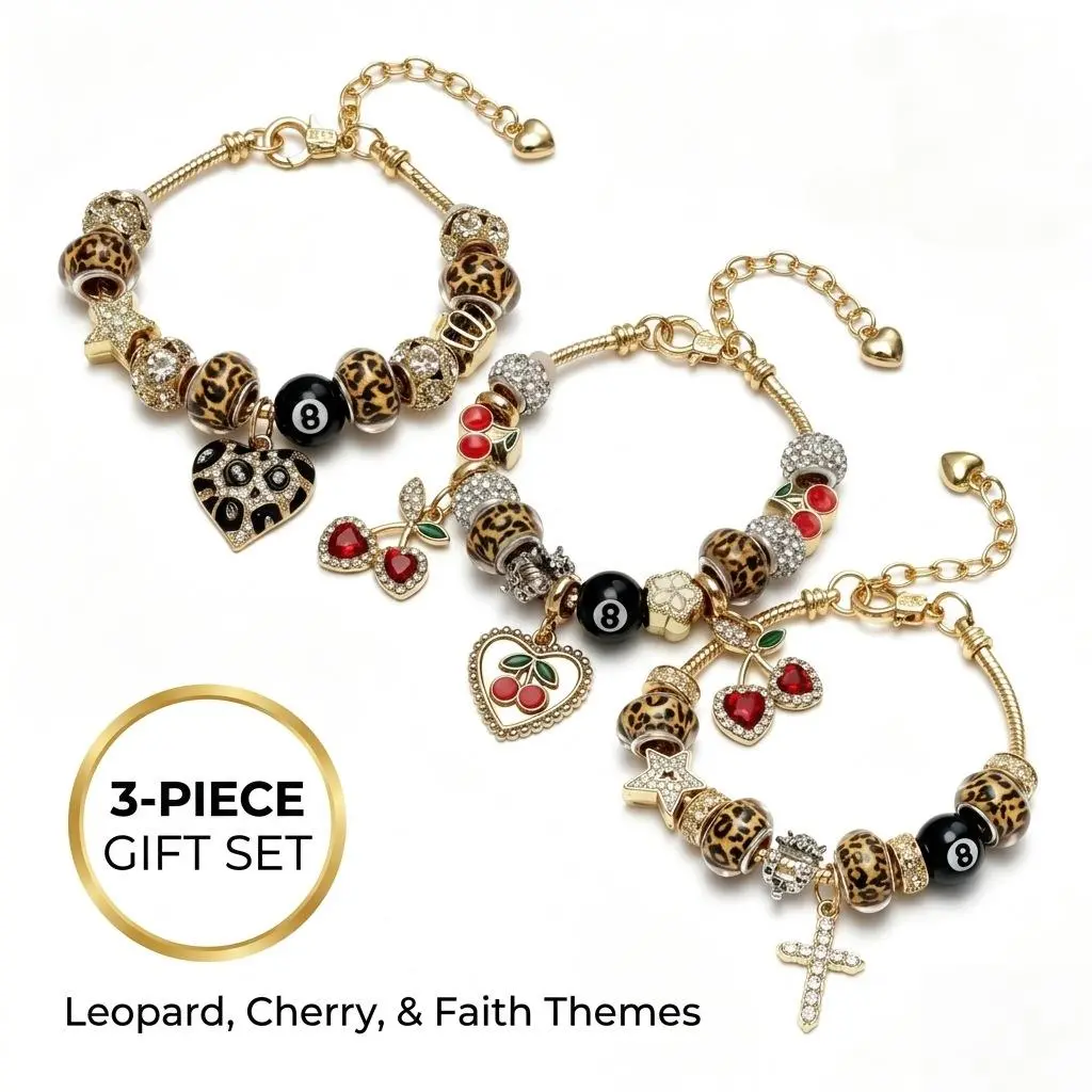 Women's Vintage Charm Bracelet - Gold Adjustable Snake Chain with Removable DIY Charms, Leopard Cherry Heart Beads, Female Wear Bracelet Gift Idea
