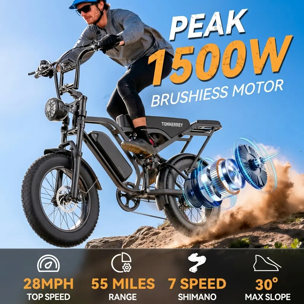 1500W Peak Ebike for Adults | 28MPH Speed, 20" Fat Tire | 60V 15Ah Powerful Battery (50-80 Miles)