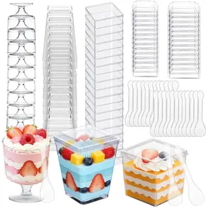 340 Pack Plastic Mini Dessert Cups with  and Spoons,5oz Clear Yogurt Parfait Cups,Appetizer Cups for Party, Square and Round Goblet -Shooter Cups for Ice Cream Fruit Cake Pudding Cups