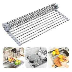 Large Over Sink Dish Drying Rack, Dish Drying Rack Roll Up Sink Drying Rack, Foldable & Multi-Use Stainless Steel Sink Drying Rack  for Kitchen Counter, Anti-Slip (17.7"x13.8")
