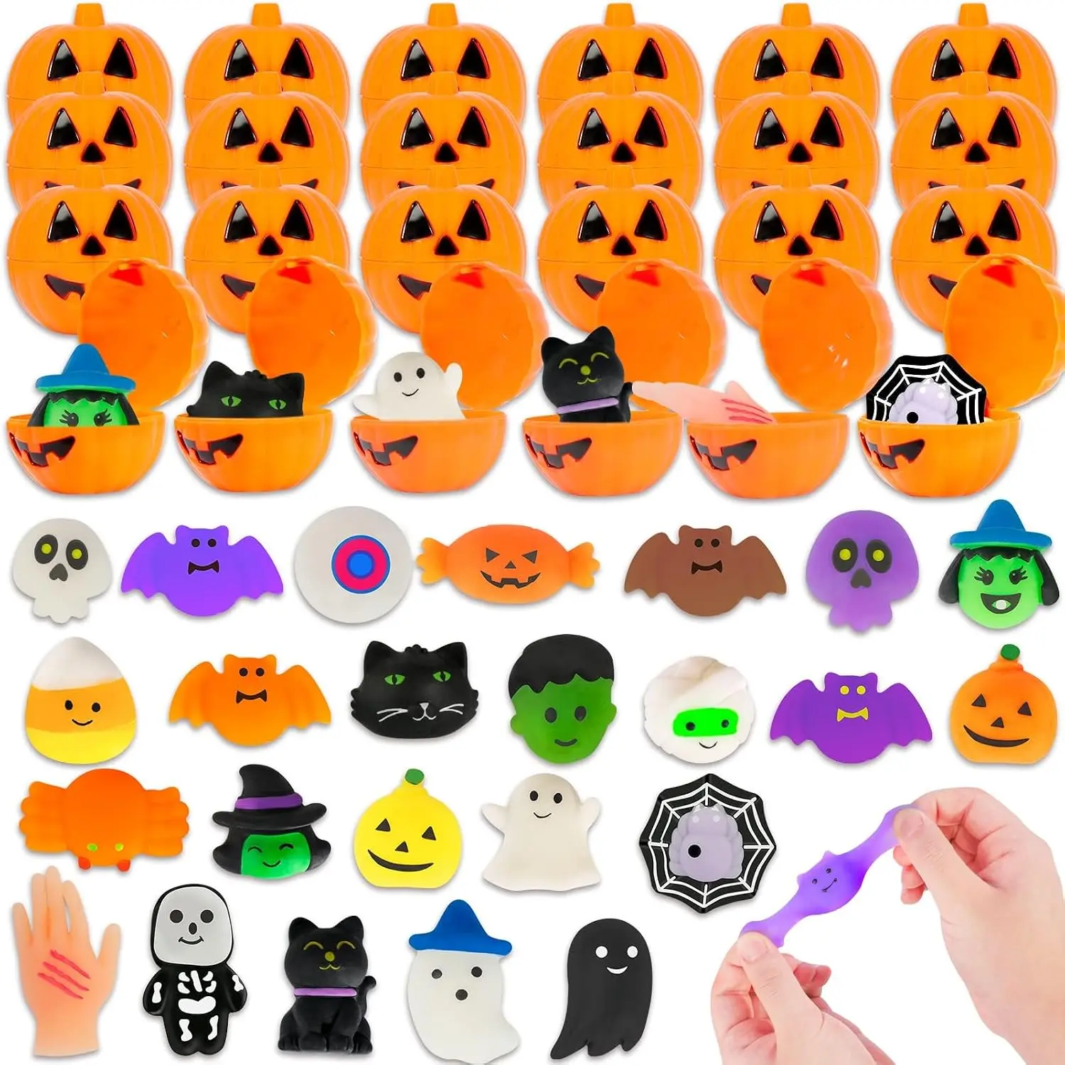 48-Piece Halloween Party Favors Mini Mochi Squishy Toys with 24 Pumpkin Boxes Assorted Halloween Squishies in Individual Pumpkin Cases Classroom Prizes Goodie Bag Stuffers Trick or Treat Toys for Kids