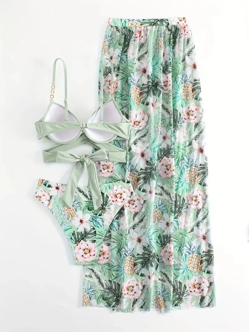 Wrap Bikini Set with Tropical Floral Cover-Up Skirt, 3-Piece Tropical Pineapple Print Beach Bikini Set with Solid Sage Green Cross-Back Top, Tropical Print Bottom, and Matching High-Waist Maxi Skirt, Pineapple & Hibiscus Print Resortwear Summer Vibes