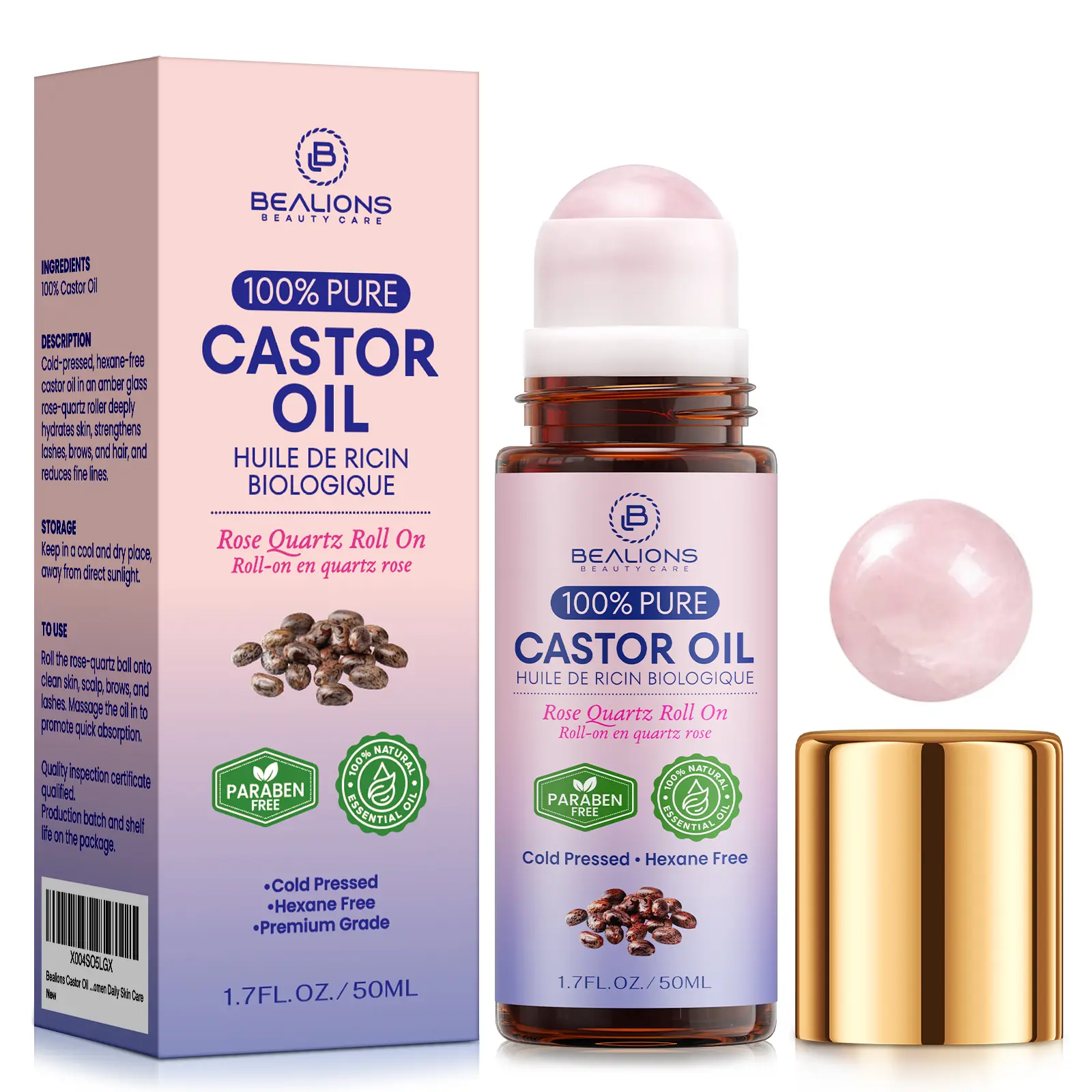 Bealions Organic Castor Oil Roll-On with Rose Quartz Roller | 100% Pure for Skin, Brows & Lashes and less mess Castor Oil Packs | deeply hydrate and richly nourish skin | improve the look of fine lines and wrinkles