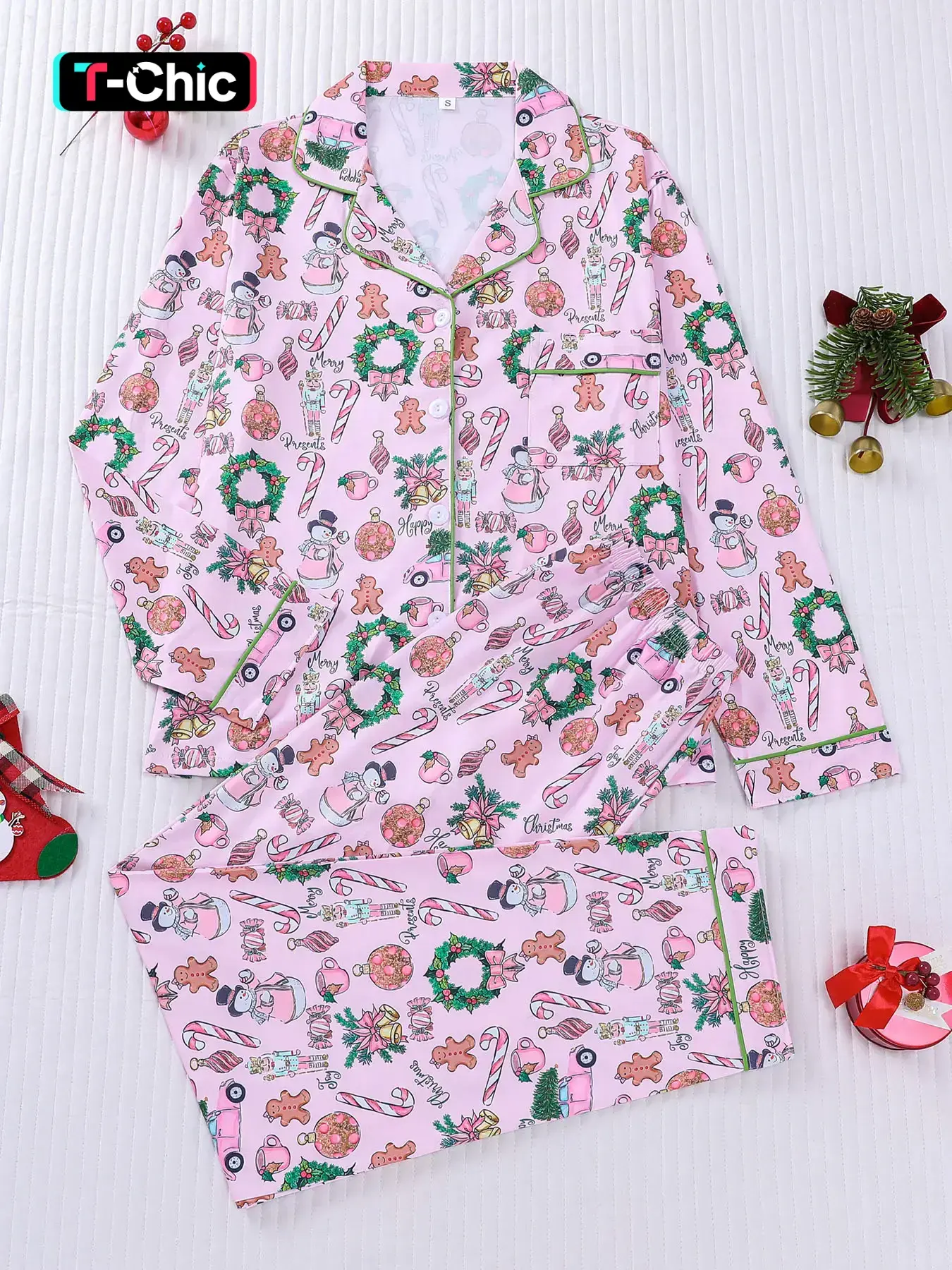 2-piece Knitted set of gingerbread man, building blocks, Christmas long sleeved pants, soft, comfortable, skin-friendly top, small pocket, button closure, elastic waistband, suitable for all seasons home, daily wear, pajamas