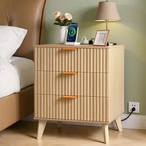 【DealsForYouDays】VEVOR Fluted Nightstand with Charging Station, with 3 Drawers, Dresser for Bedroom, Mid Century Modern End Table, Bedside Storage Cabinet Side Table Chest of Dresser, for Bedroom, Living Room, Khaki