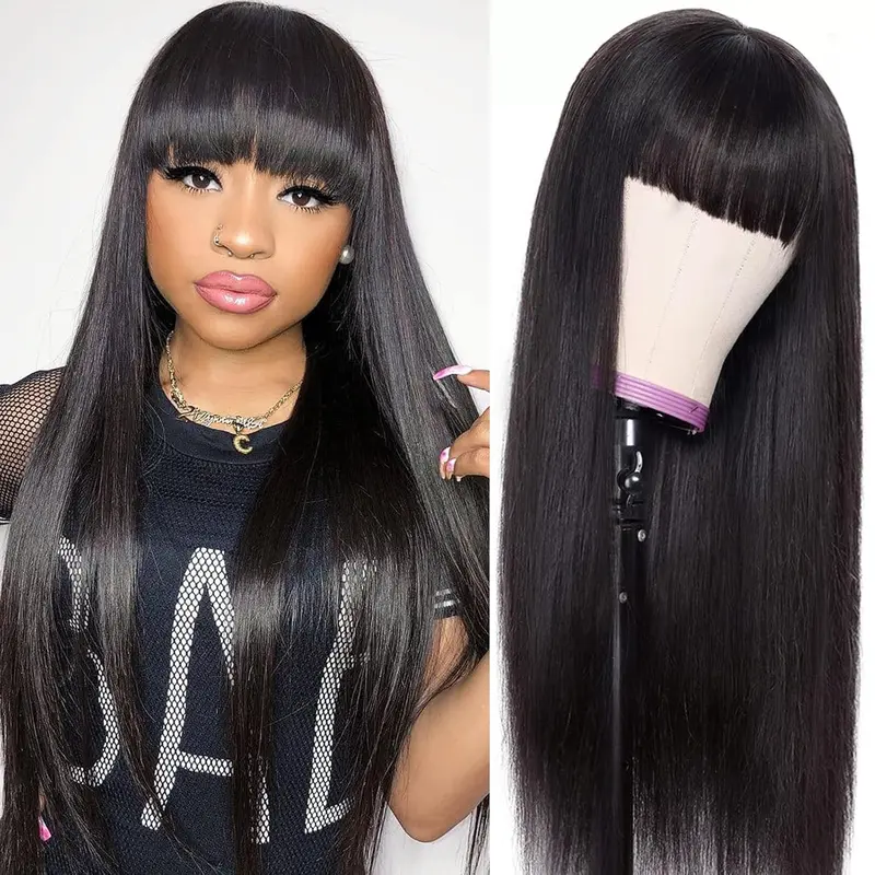 Straight Wigs Human Hair with Bangs 180% Density Brazilian Virgin Human Hair Wigs for Women Glueless Wigs Human Hair Machine Made None Lace Front Wigs Natural