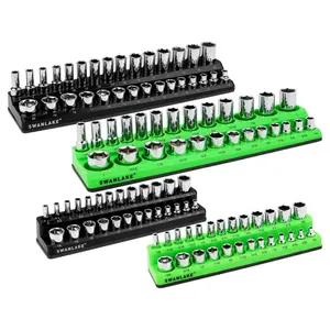 GARDEN TOOLS Magnetic Socket Organizer Set, 4PCS Socket Holder Set Includes 1/4", 3/8" Drive Metric SAE Socket Trays green rubber socket tray professional hand work equipment tool box garage organization hand tool cool mechanic Socket Organizer