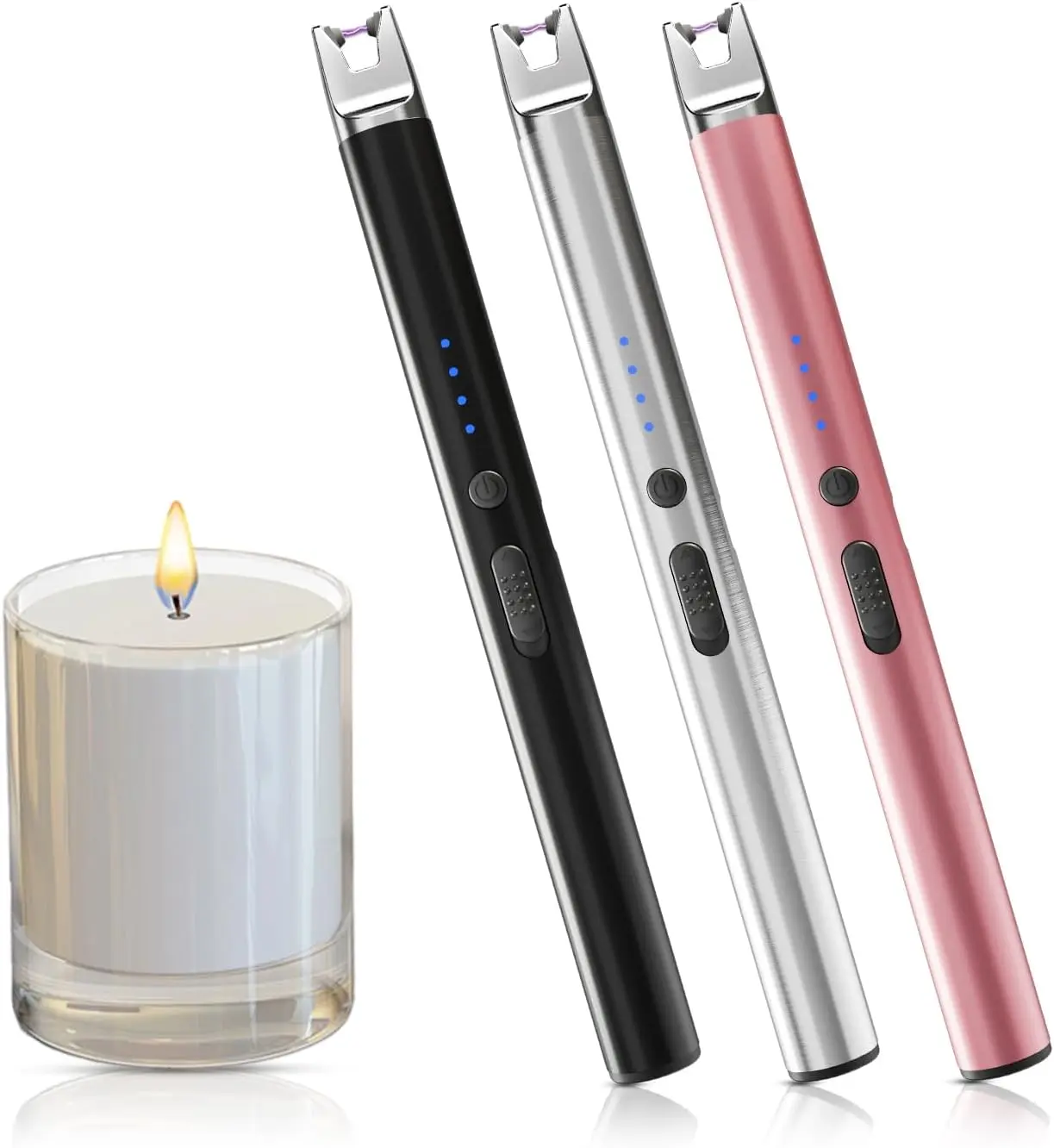 3-Pack USB C Rechargeable Plasma Candle Lighter, Windproof Arc Lighter with Safety Lock for Candles, Firestarter, Gas Stoves,Gift Set Includes Black, Rose Gold, Brushed Chrome, Decor, Stainless Steel
