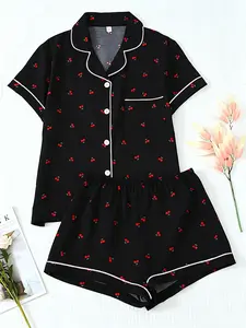 Women's Heart Print Short Sleeve Shirt & Elastic Waist Shorts Pyjama Two-piece Set, Casual Comfy Fit Top & Shorts PJ Set, Pajama Set, Ladies Sleepwear & Loungewear for All Seasons, Womenswear, Pockets