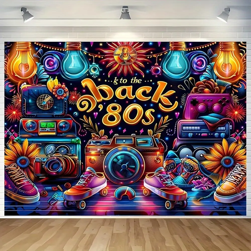 1pc Polyester Material 80s Retro 2D Flat Backdrop - Single-Sided Print with Disco Sneakers, Radio Vintage Elements - Party Banner for Photography Studio, Living Room