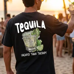 Tequila Cheaper Than Therapy Funny Graphic T-Shirt |   Oversized Cocktail Tee for Men