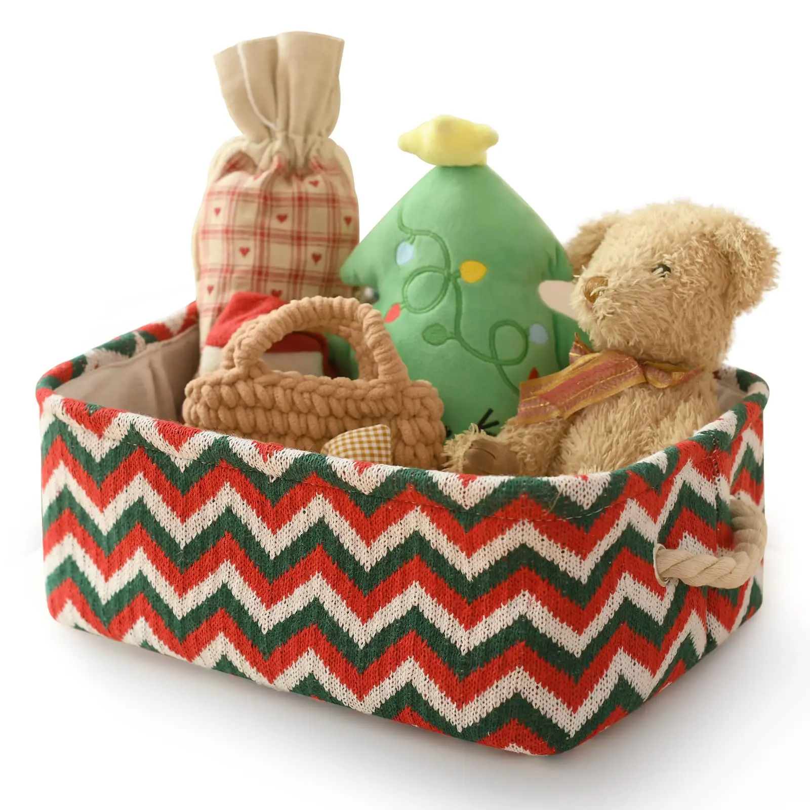 Christmas Holiday Farmhouse Decor Storage Basket Bin Green Red White Wave Zigzag Pattern for Festive Home Organization