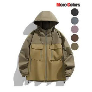 Men's Solid Color Zip Up Drawstring Hooded Jacket, Loose Casual Waterproof Windproof Outerwear for Outdoor Activities, Fashion Men's Clothes for All Seasons