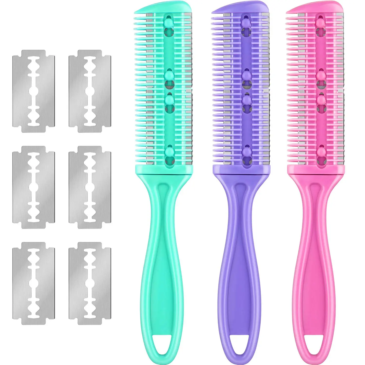 3 Pcs Haircut Razor Comb Set with 12 Double-Edge Replacement Blades, Double-Sided Split Ends Trimmer & Hair Shaper for Thick and Thin Hair, Salon & Home Styling Tool, Razor Comb Hair Brushes & Combs, Split End Clipper Hair Brushes & Combs