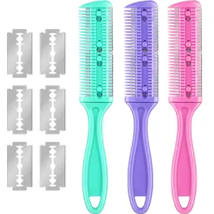 3 Pcs Haircut Razor Combs (Beauty Products) with 12 Replacement Blades, Double-Edge Shaper, Split Ends Trimmer Styler for Salon & Home Styling, Thick & Thin Hair