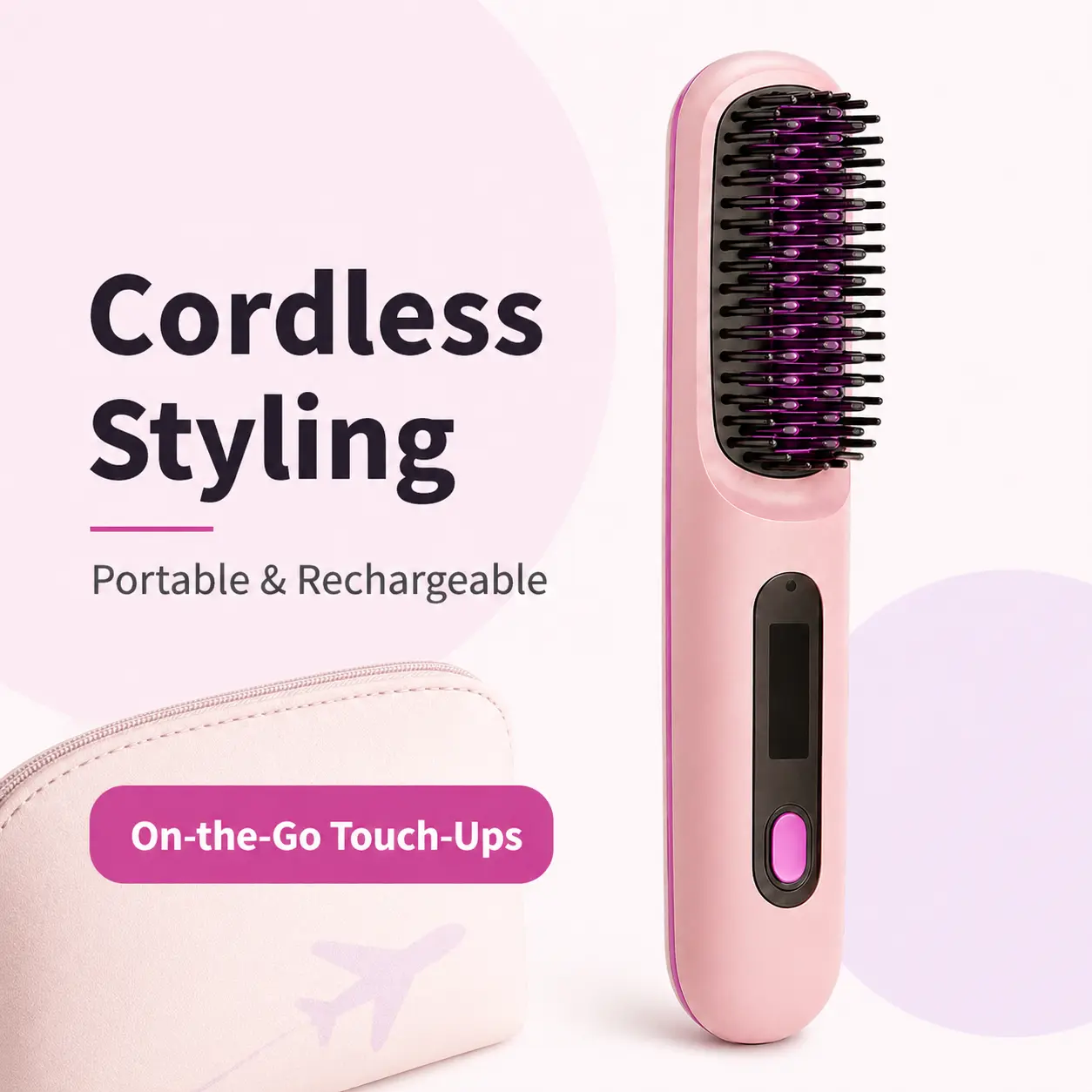 Starlead Cordless Hair Straightening Brush Rechargeable Anti-Scald with LCD Display Pink Lightweight Portable for Home Office Travel Clear - Daily