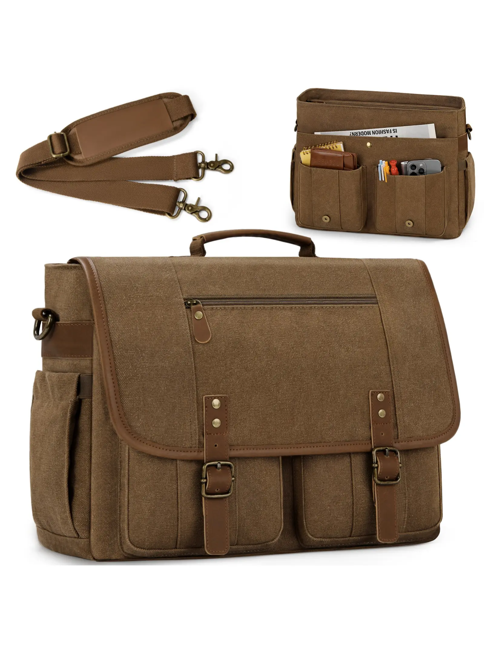 Men's Messenger Bag 17-17.3 Inch Vintage Canvas Briefcase Zip, Waterproof Large Capacity Laptop Backpack, Durable Crossbody Shoulder Strap Bag