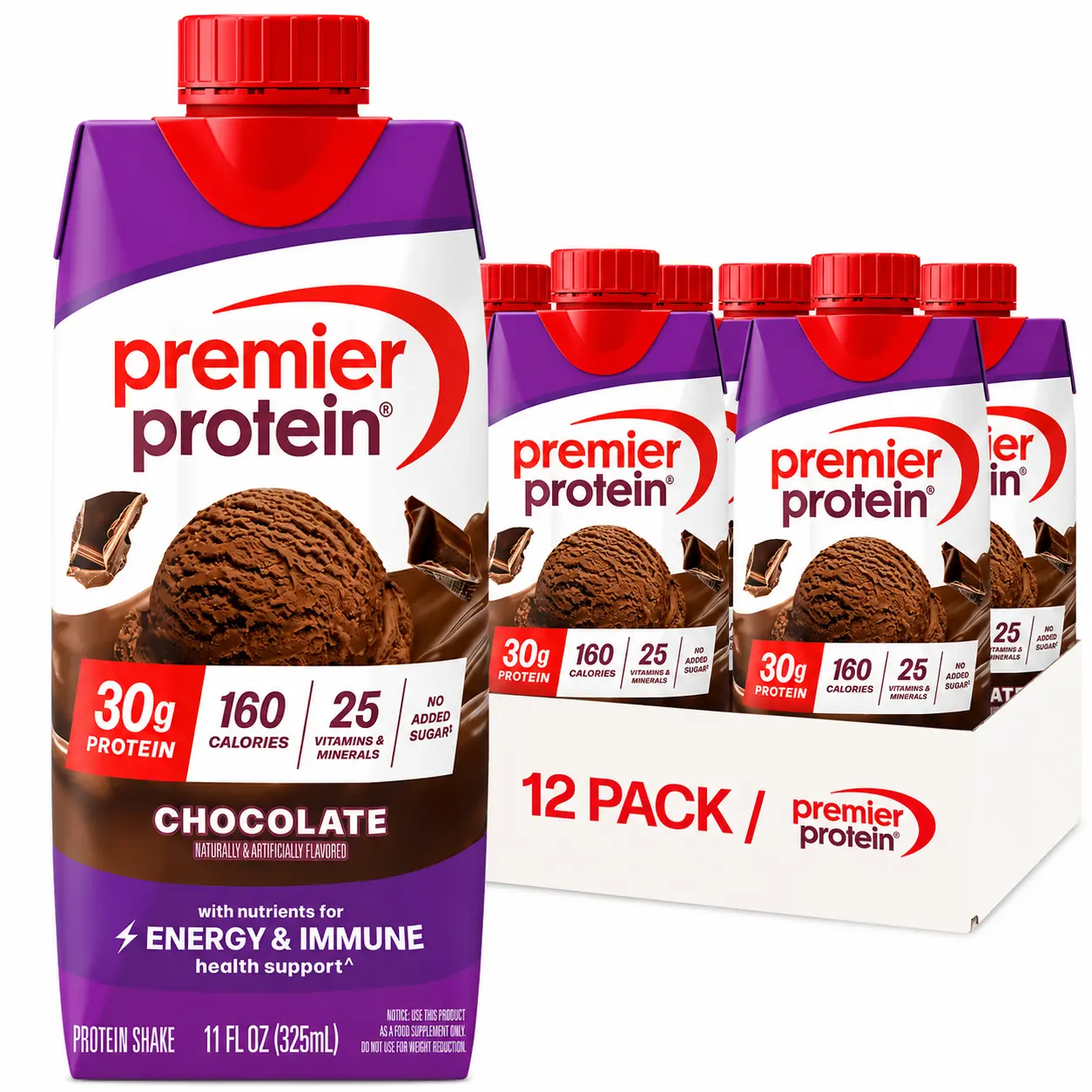 Premier Protein Shake, Chocolate, 30g High Protein, 12 Pack | 160 Calories, 24 Vitamins & Minerals, No Added Sugar, Supports Muscle Health, Gluten-Free, 11 oz