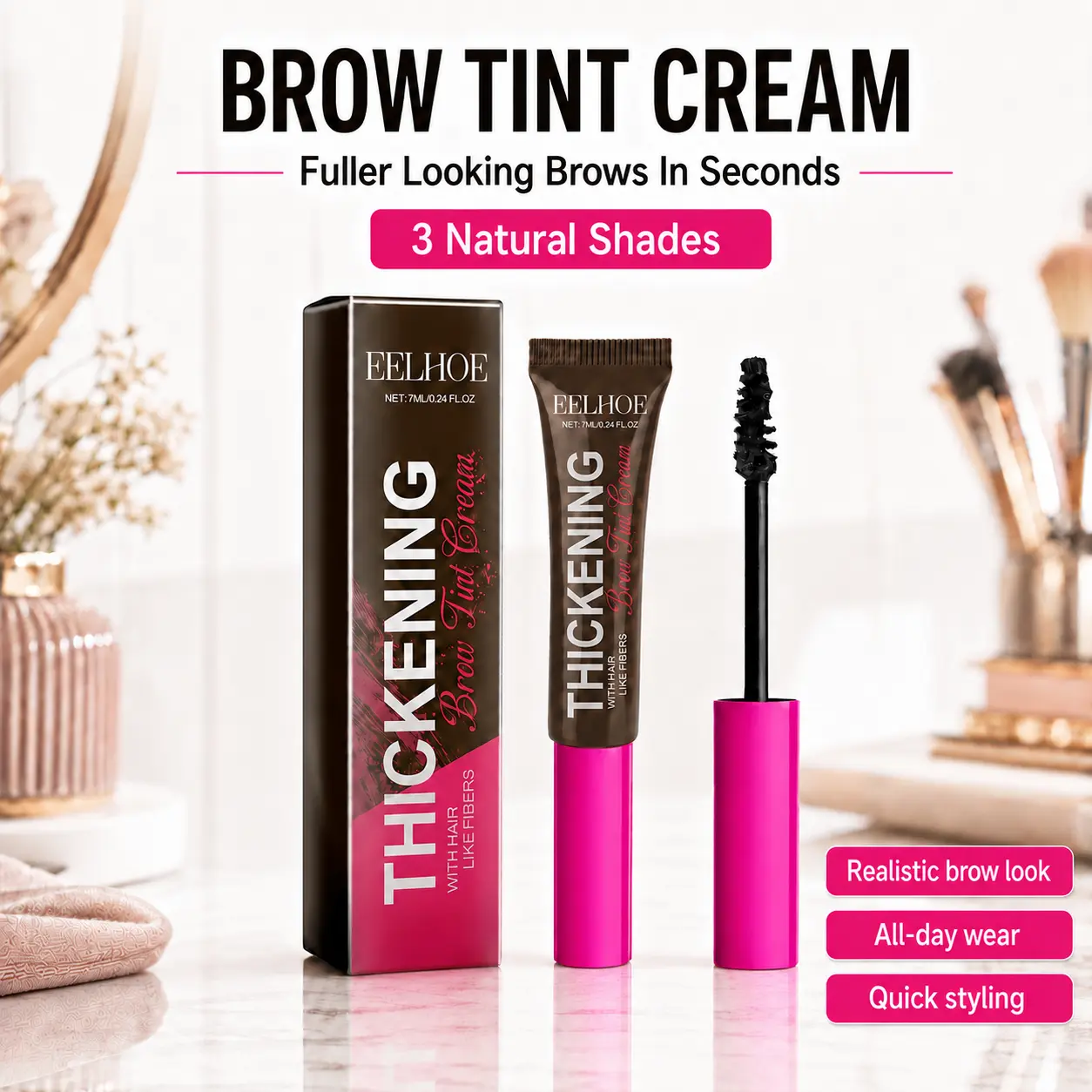 3D Fiber Brow Gel Tint, Waterproof Sculpting Eyebrow Makeup for a Fluffy Natural Look, Long-Lasting and Smudge-Proof Formula