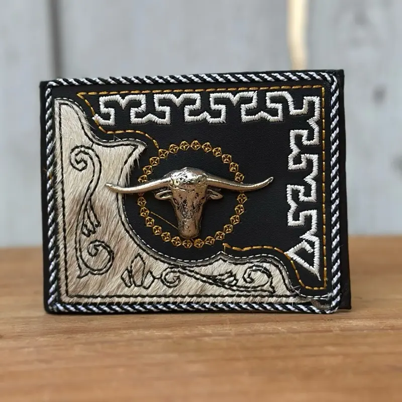 Black Leather Western Wallet with Bull Emblem, Genuine Cowhide, and Greek Key Embroidery