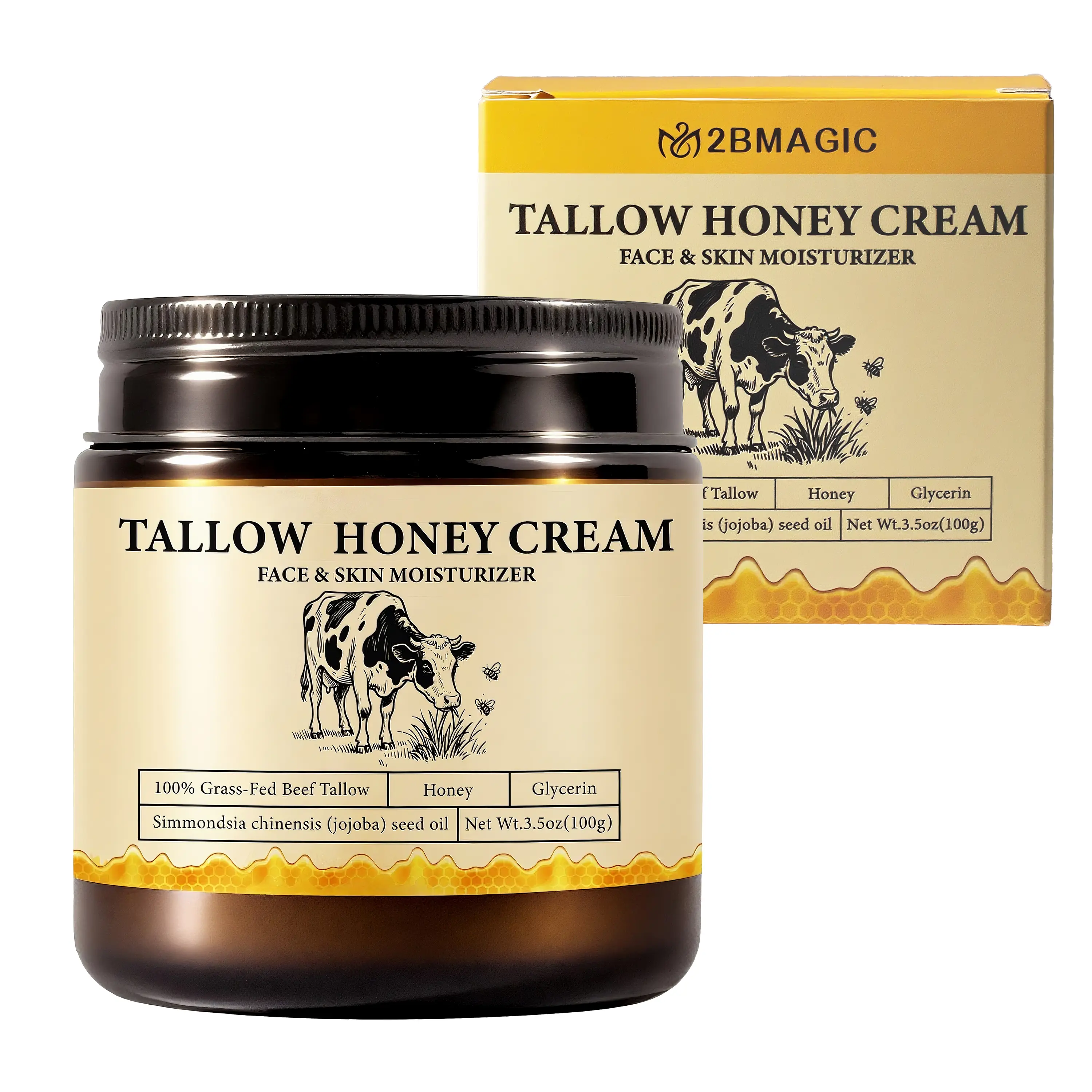 2Bmagic Tallow Honey Cream 100g - Gentle Daily Natural Beauty Products, Skin-Friendly Face & Body Moisturizer, Hydrating Nourishing Balm for Sensitive Skin, Flawless Brightening Repair Travel & Outdoor Use Gift Box