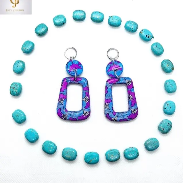 Flowery Rectangular Earring with Colorful Design and Keychain Attachment
