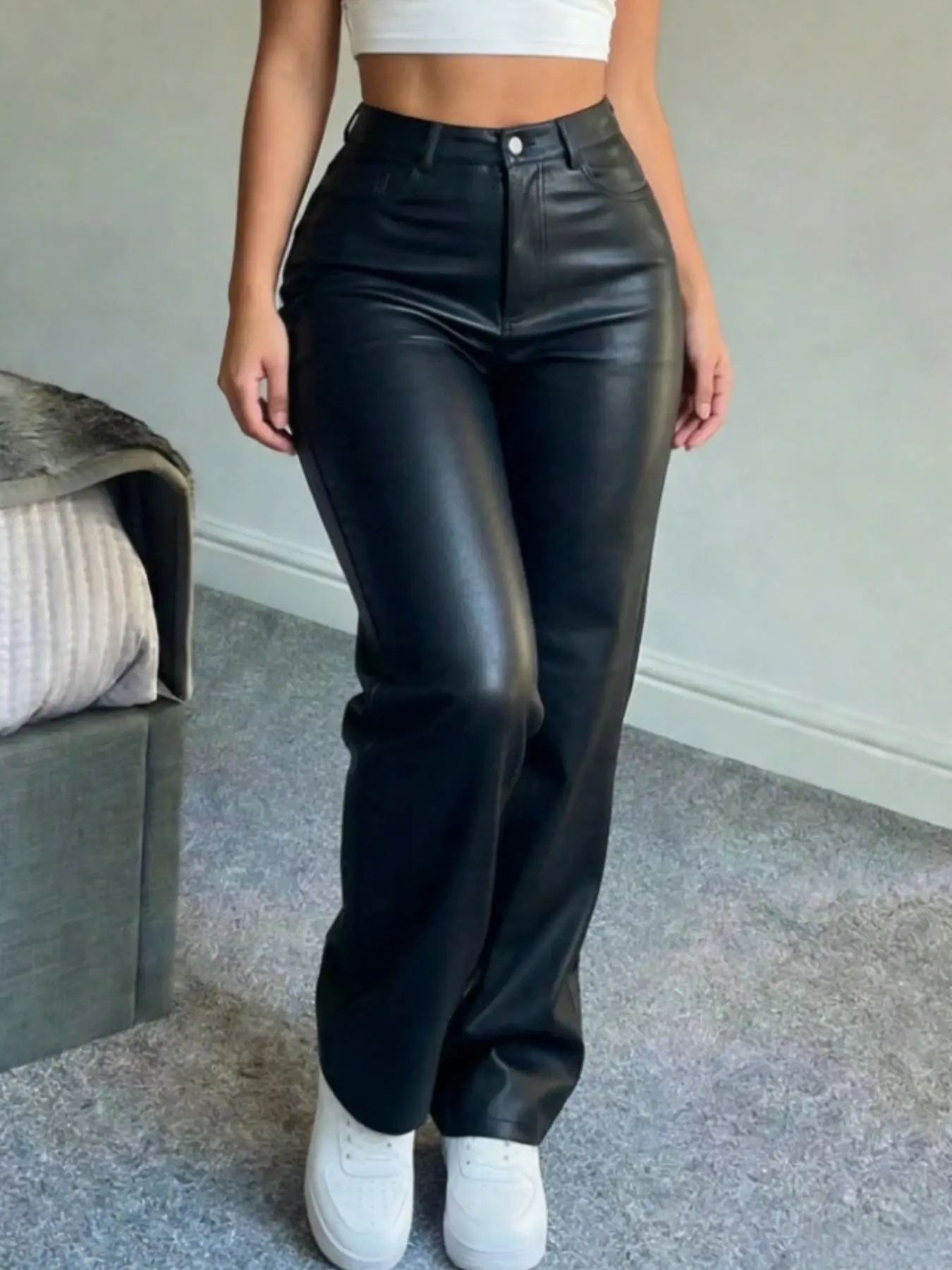 Women's High Waist PU Leather Wide Leg Pants, Slim-Fitting Matte Coating, Spring Fashion Versatile for Party Commute Music Festivals, Womenswear, Trouser