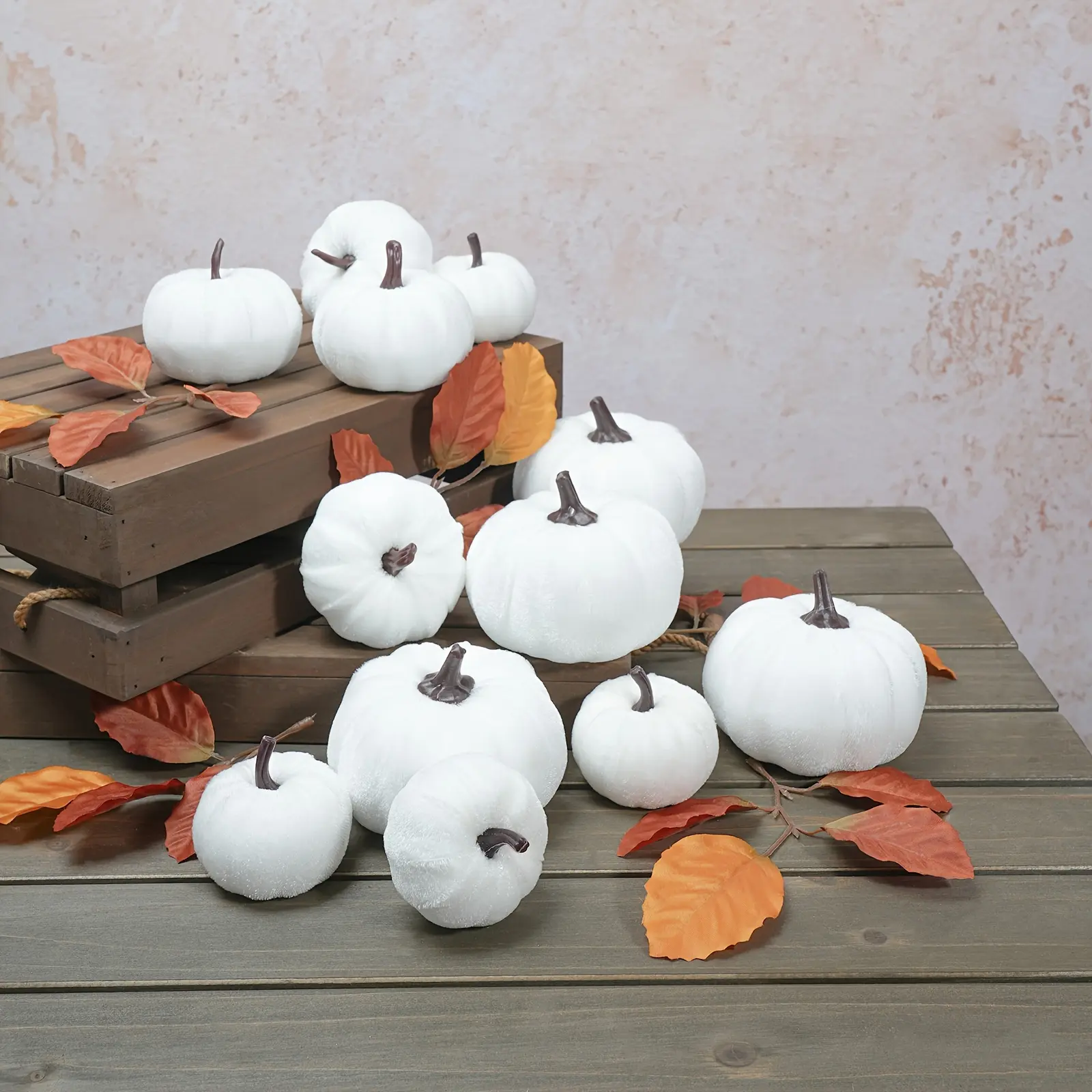 12pcs Assorted Sizes Rustic Harvest White Fabric Synthetic Pumpkins - Home Decor Ornaments for Halloween, Fall Holiday Embellishing, Displaying, Plant Accents, Pumpkin