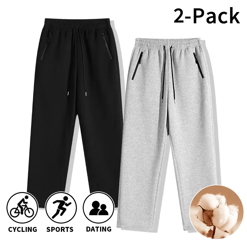 Men's 2-Pack Casual Comfy Joggers, Full Length Straight Cut Cotton Blend Uncuffed Sweatpants with Pockets, Uncuffed Sweatpants Men's Pants, Joggers With Pockets, Lounge Joggers