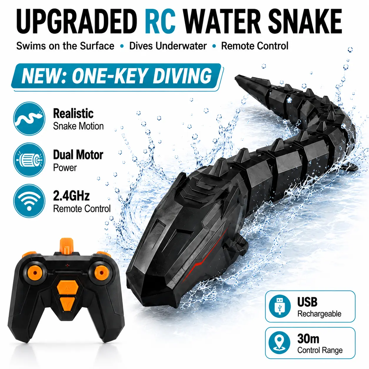 Creature toy Upgraded RC Water Snake Toy, One-Key Diving Remote Control Snake, 2.4GHz Waterproof Swimming Snake Toy with Dual Motors, USB Rechargeable Pool Toy for Kids and Adults men gift