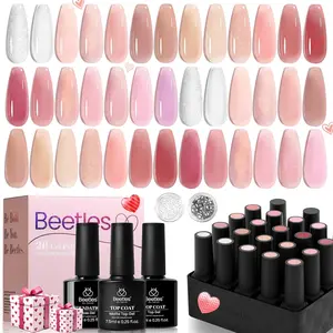 Beetles Pink Nude Gel Nail Polish Set with Base&Top Coat - Sheer Glitter, Soak Off, DIY Manicure, Neutral Jelly Pink, Nails at home DIY Nail Cutics Cosmetic