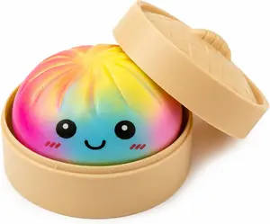 【Blind Box】Rainbow Tie-Dye Bao Bun Dumpling Squishies Toy with Steamer,  3.15-inch Diameter Cute Squishies Dumpling Stress Relief Toy, Soft Squeeze Sensory Fidget Toy, Gift for Party Favors