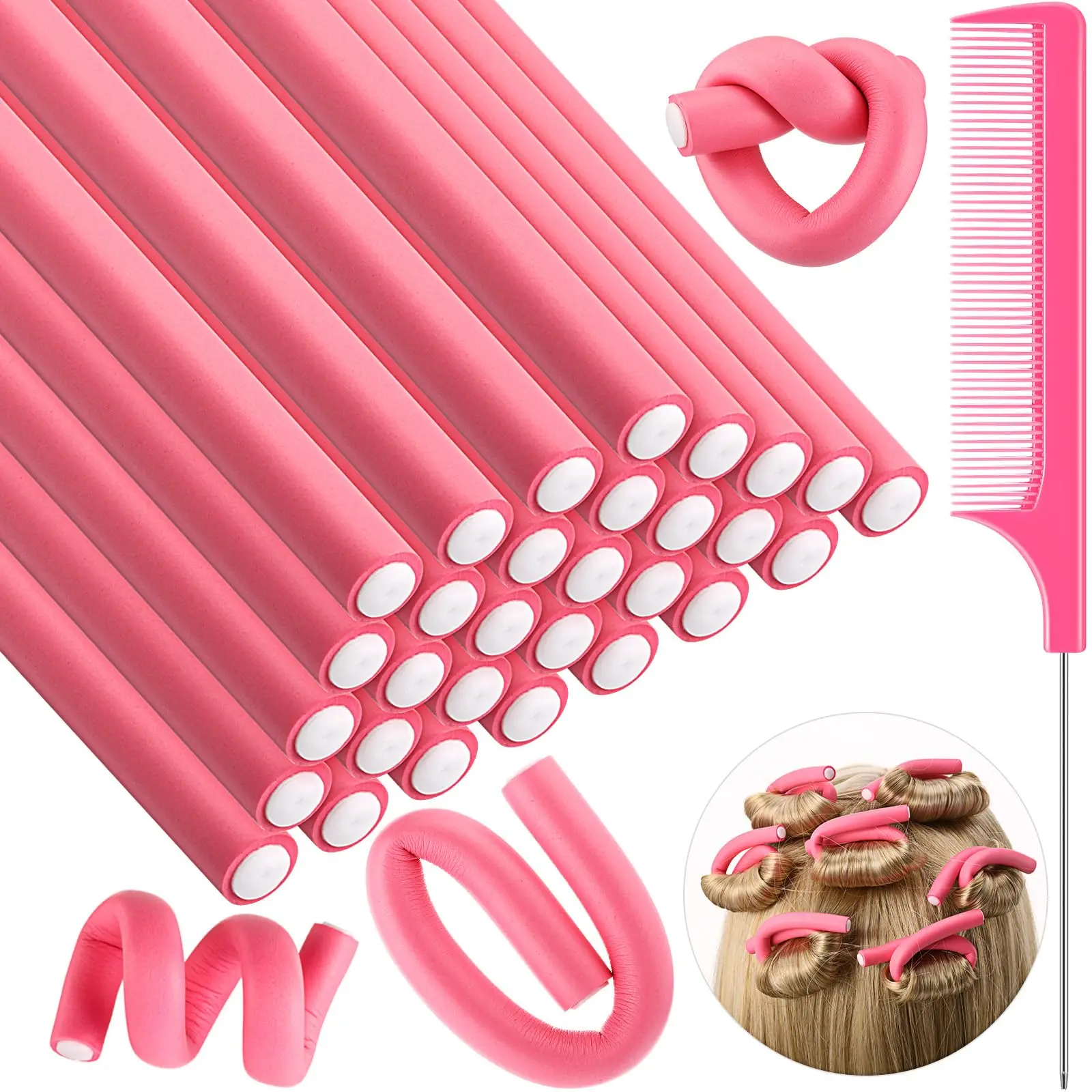 30 Pcs Flexible Curling Rods Twist Foam Hair Rollers Soft Foam No Heat Hair Rods Rollers and 1 Steel Pintail Comb Rat Tail Comb for Women Long Short Hair, Soft Hair Curlers, Pink, Heatless Curling Set, Heatless Styling Tools