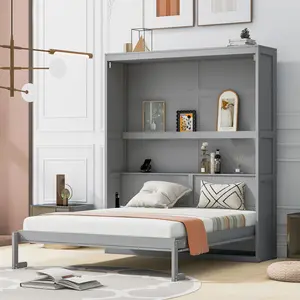 Queen Size Space-Saver Murphy Wall Bed with Built-In Shelves, Max 6" Profile, Gray Indoor Bed Frame