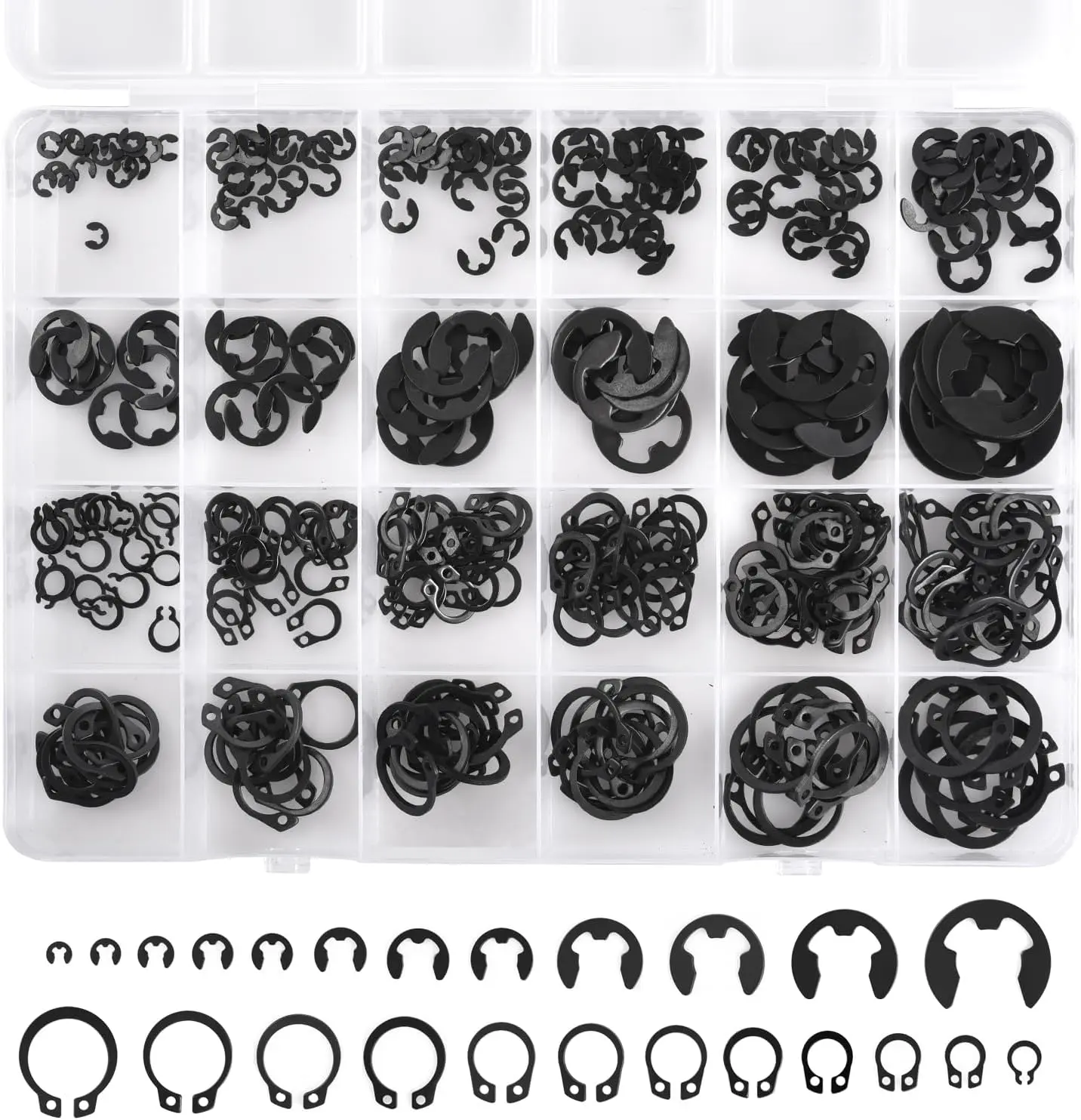 360 count Carbon Steel E-Clips & Snap Rings Assortment Kit (2.0mm-12mm) - Includes External Retaining Rings, C-Clips, Circlips for 5mm-16mm-24 Sizes Industrial Fastener Set