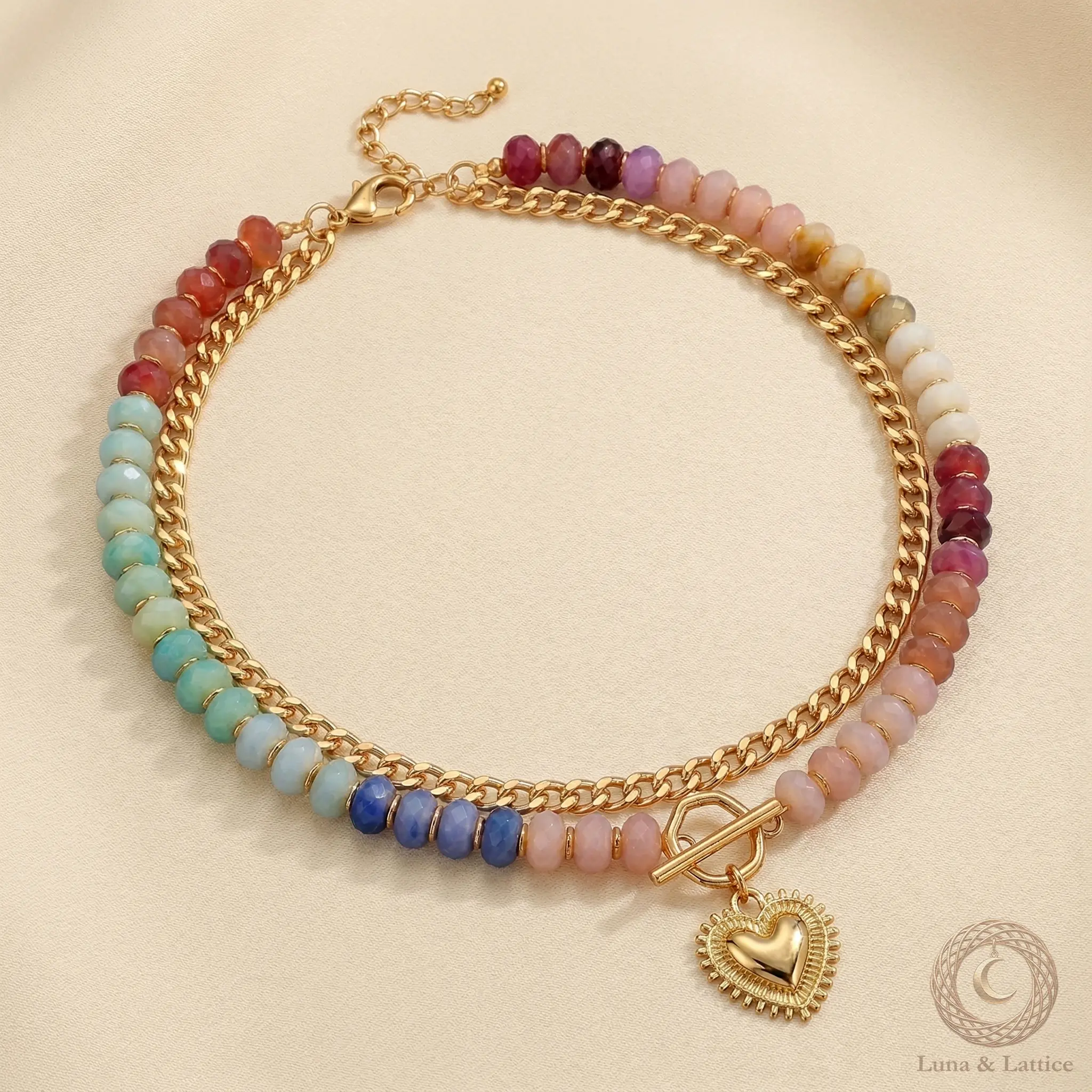 Y2K Chunky Layered Necklace | Pastel Beaded Gold Chain Toggle Choker with Textured Heart party necklace casual necklace  layered necklace set  gift necklace for her  beaded necklace set  daily wear necklacedopamine necklace accessories for women
