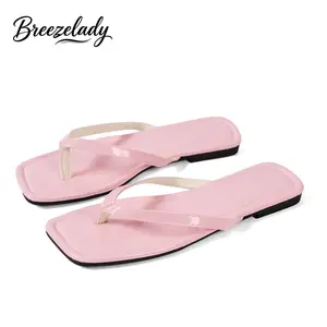 Women’s Classic Pink Patent Square Toe Flip-Flop Shoes, Open-Toe Thong Footwear with Glossy Faux Leather Upper, Cushioned Non-Slip Waterproof Sole for Beach, Summer Everyday Wear