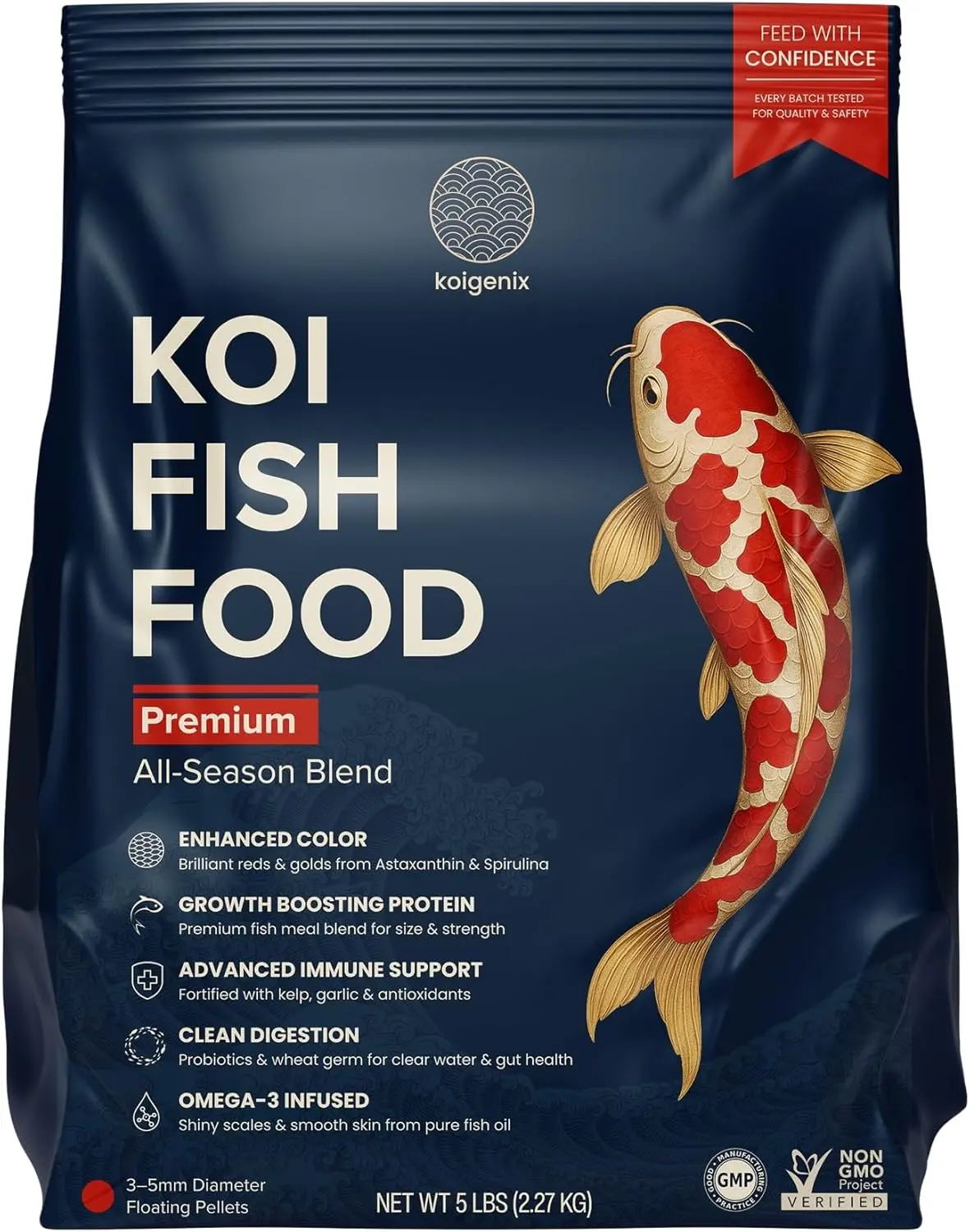 Koigenix Koi Fish Food (5lb) - Growth & Color Formula, High Protein Floating Pellets with Spirulina, Krill & Probiotics, Easy to Digest, Cleaner Water, All Season - for Koi, Goldfish & Pond Fish