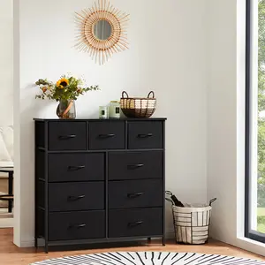 Sweet Furniture F Dresser - Fabric Storage Tower with 9 Drawers, Bedroom Drawer Dresser Organizer, Chest of Drawers with Fabric Bins, Steel Frame and Wood Top for Bedroom, Closet, Entryway