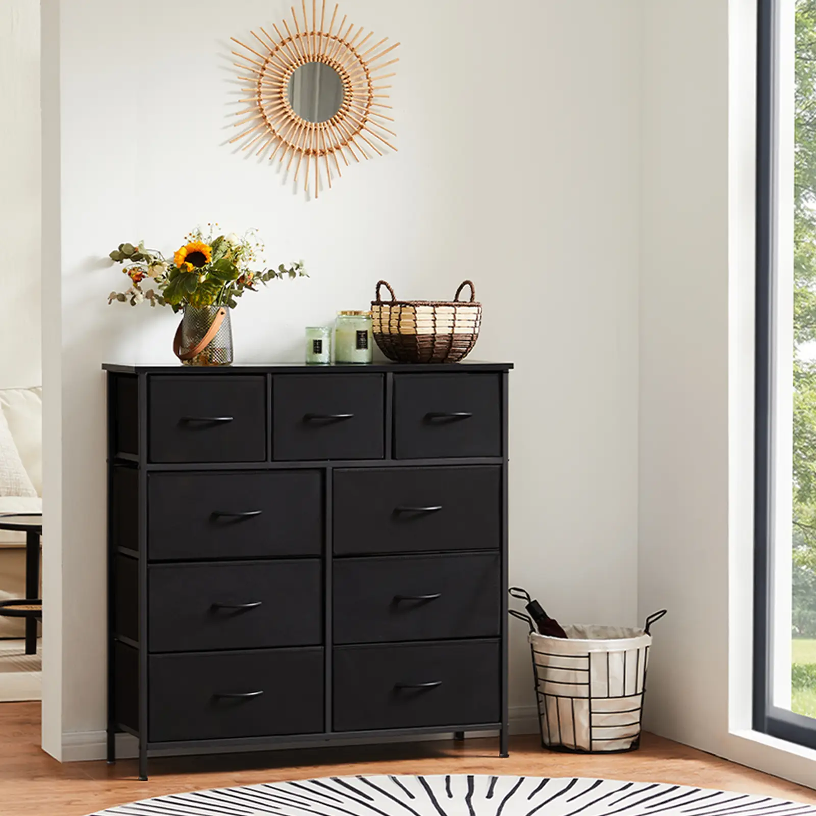 Sweet Furniture F Dresser - Fabric Storage Tower with 9 Drawers, Bedroom Drawer Dresser Organizer, Chest of Drawers with Fabric Bins, Steel Frame and