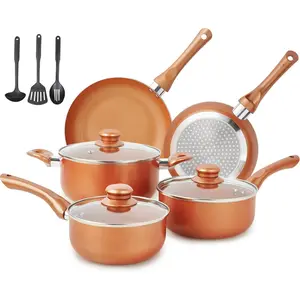 Pots and Pans Set Ultra Nonstick, Pre-Installed 11 count Cookware Set Copper with Ceraic Coating, Stay cool handle & Nylon Kitchen Utensils, Gas/Induction Copatible,  PFOA Free