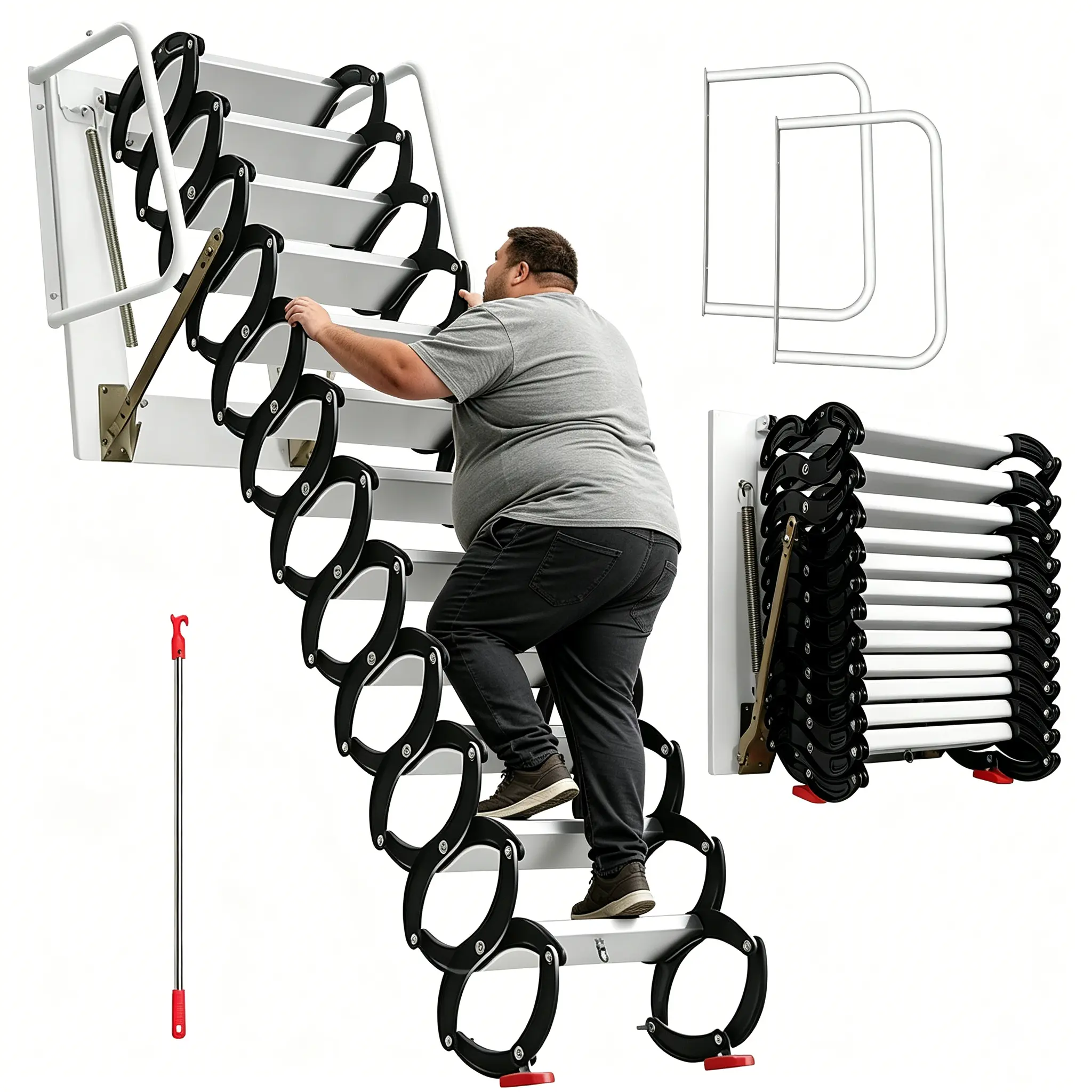 Wall-Mounted Attic Ladder for Attics & Schools, 12-Step Retractable Stairs with Handrails, 118 in Height, 1102 lbs Capacity, Sturdy Wide Pedals, Black Electrostatic Spraying Portable Ladder
