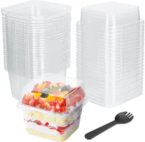 25Pcs 8oz Mini Square Clear Dessert Cups with Lids and Spoons,Plastic Ice Cream Containers,Fruit Cups with Lid for Party,Disposable Dessert Cups for Fruit,Salads,Cupcakes,Parfait,Pudding
