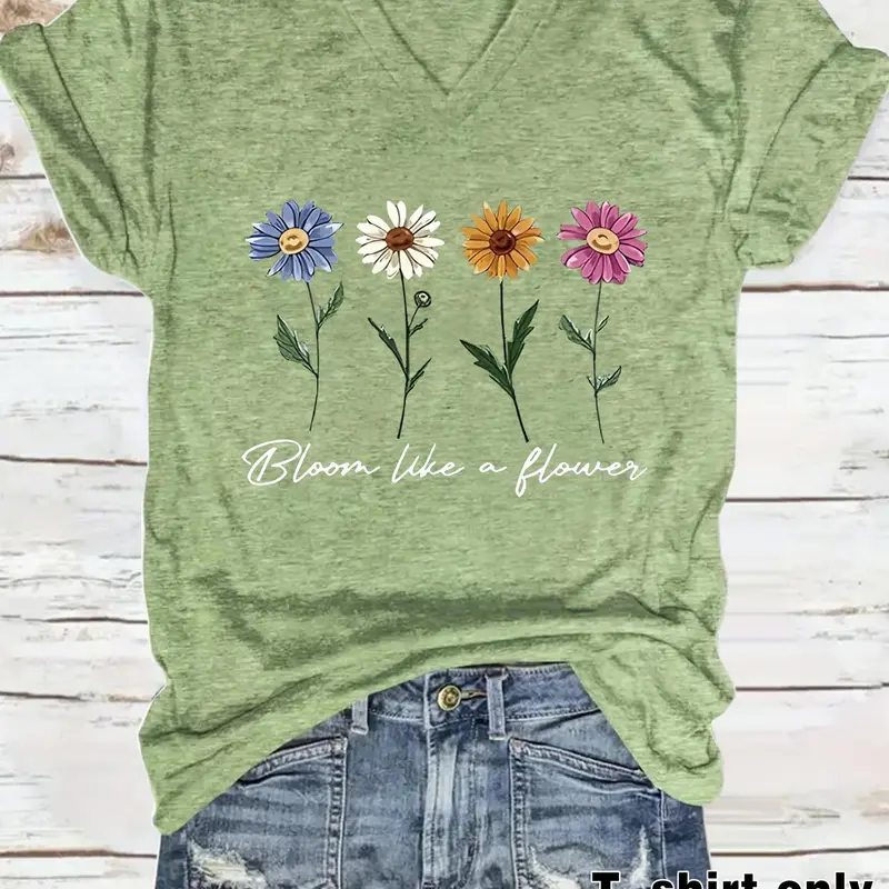 Women's Floral & Letter Print V Neck Tee, Casual Comfy Loose Fit Short Sleeve T-Shirt for Summer, Ladies Clothes for Daily Wear, Top, Womenswear
